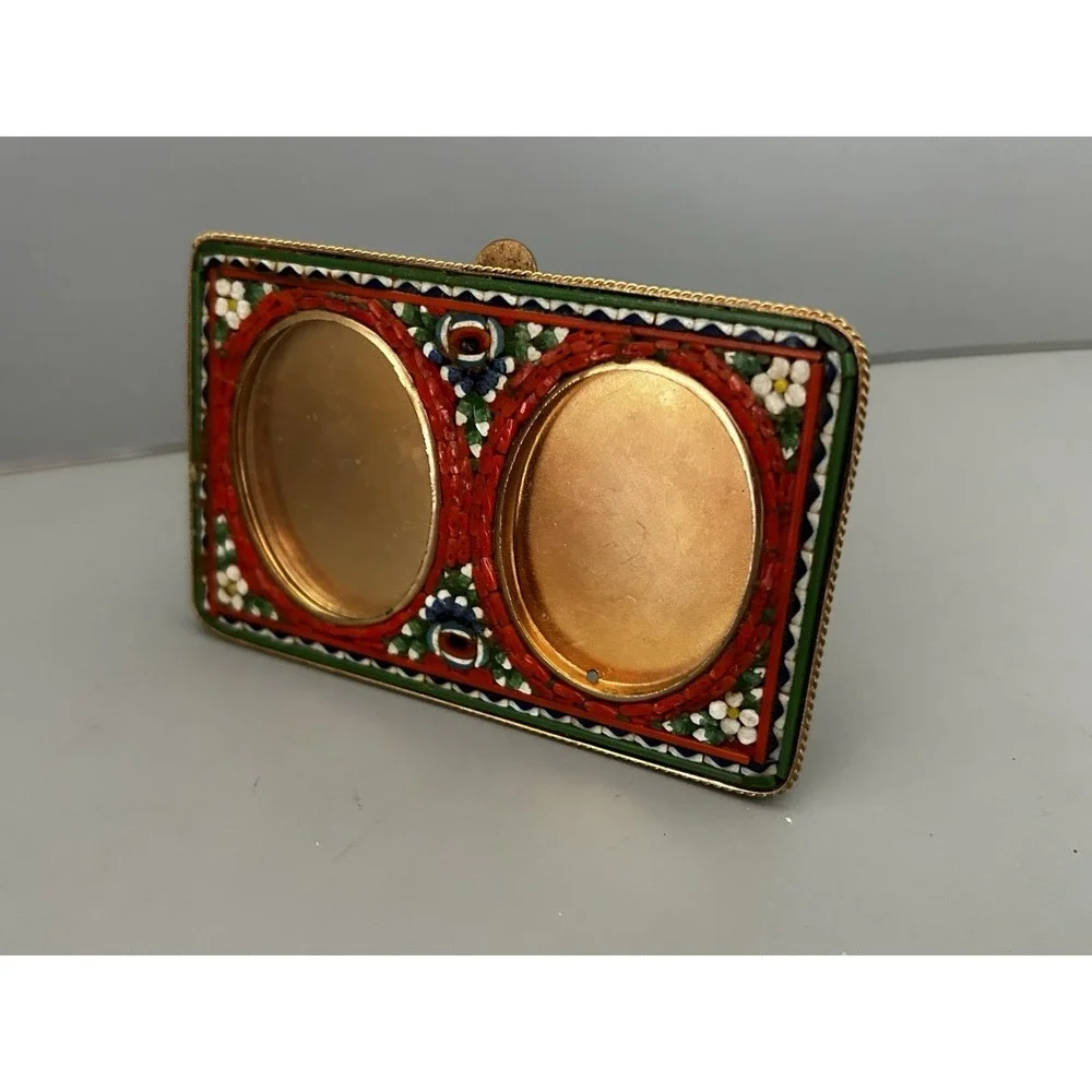 Vintage Italy Micro Mosaic Picture Frame Gold Tone Brass Double Oval Easel 3x4